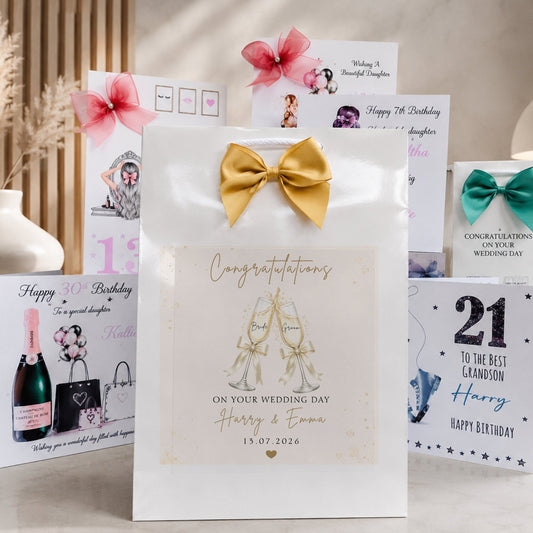 A styled collection of personalized wedding and birthday gift bags and cards on a tabletop. The central focus is a white gift bag with a large gold bow and a printed label featuring two champagne glasses and the text 'Congratulations on your wedding day George & Sammy 15.