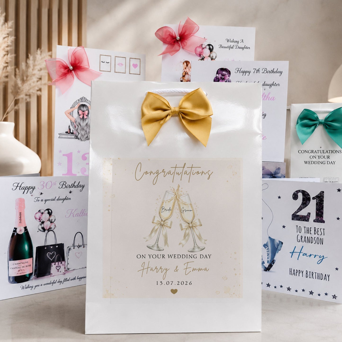 A styled collection of personalized wedding and birthday gift bags and cards on a tabletop. The central focus is a white gift bag with a large gold bow and a printed label featuring two champagne glasses and the text 'Congratulations on your wedding day George & Sammy 15.