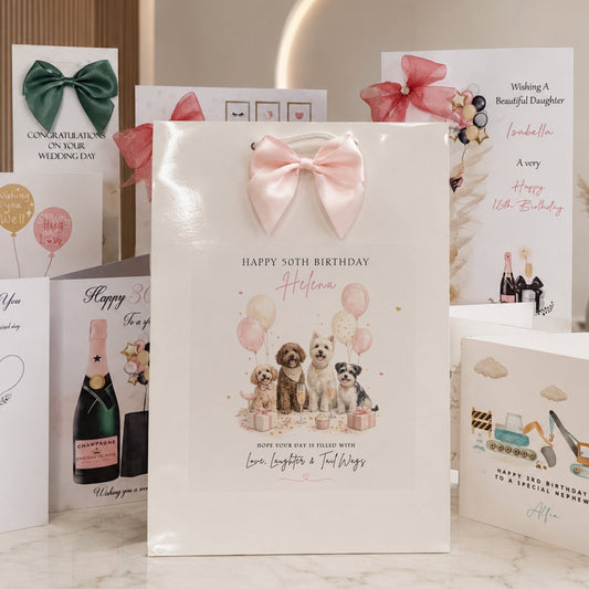 A white 50th birthday gift bag with a pink bow and watercolor dog illustration, surrounded by matching birthday greeting cards on a light marble surface.