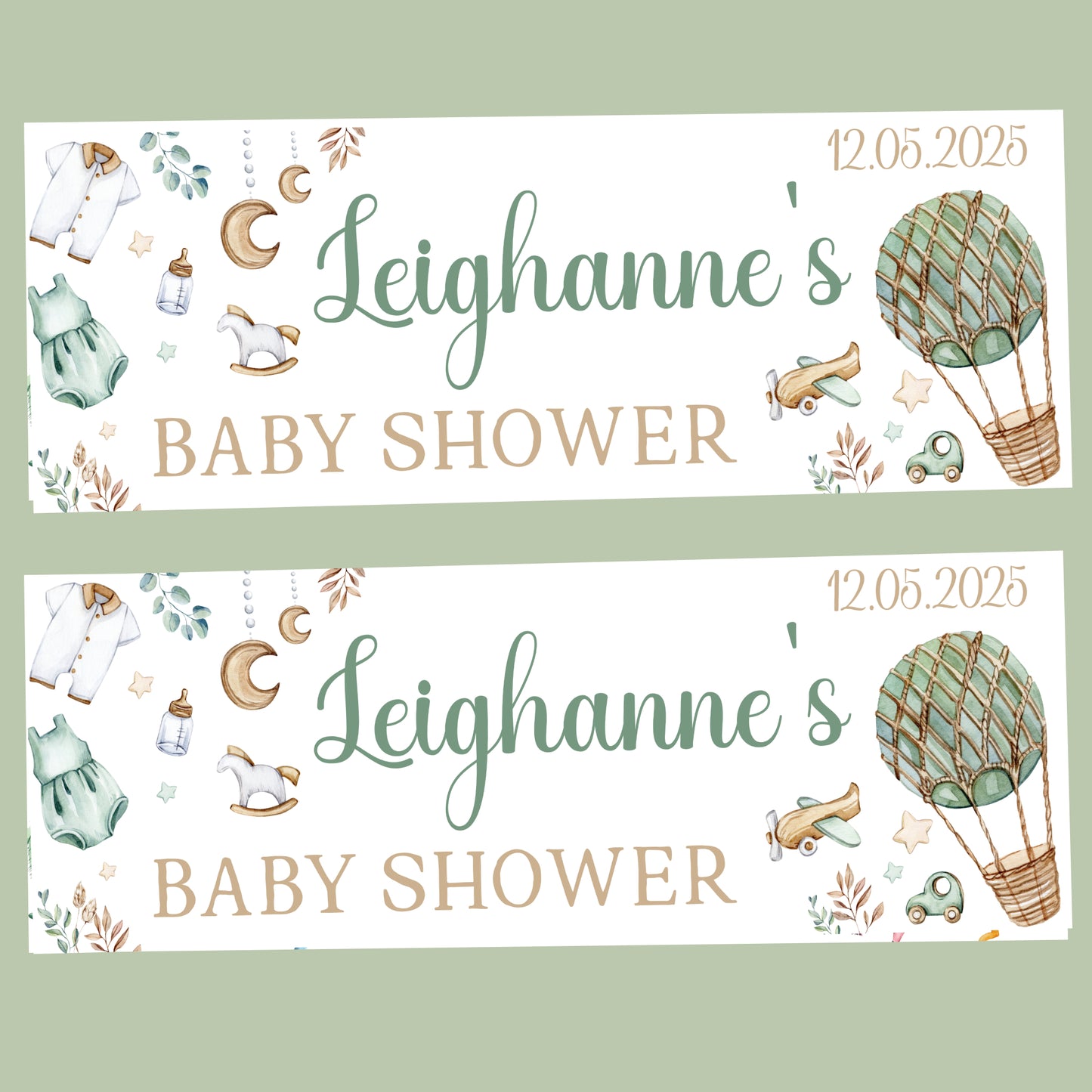 Personalised Baby Shower Party Banner Green & Neutrals