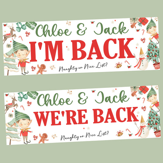 Personalised Christmas Elf ‘I’m Back / We’re Back’ Poster Banner – Custom Elf Return Prop Decoration