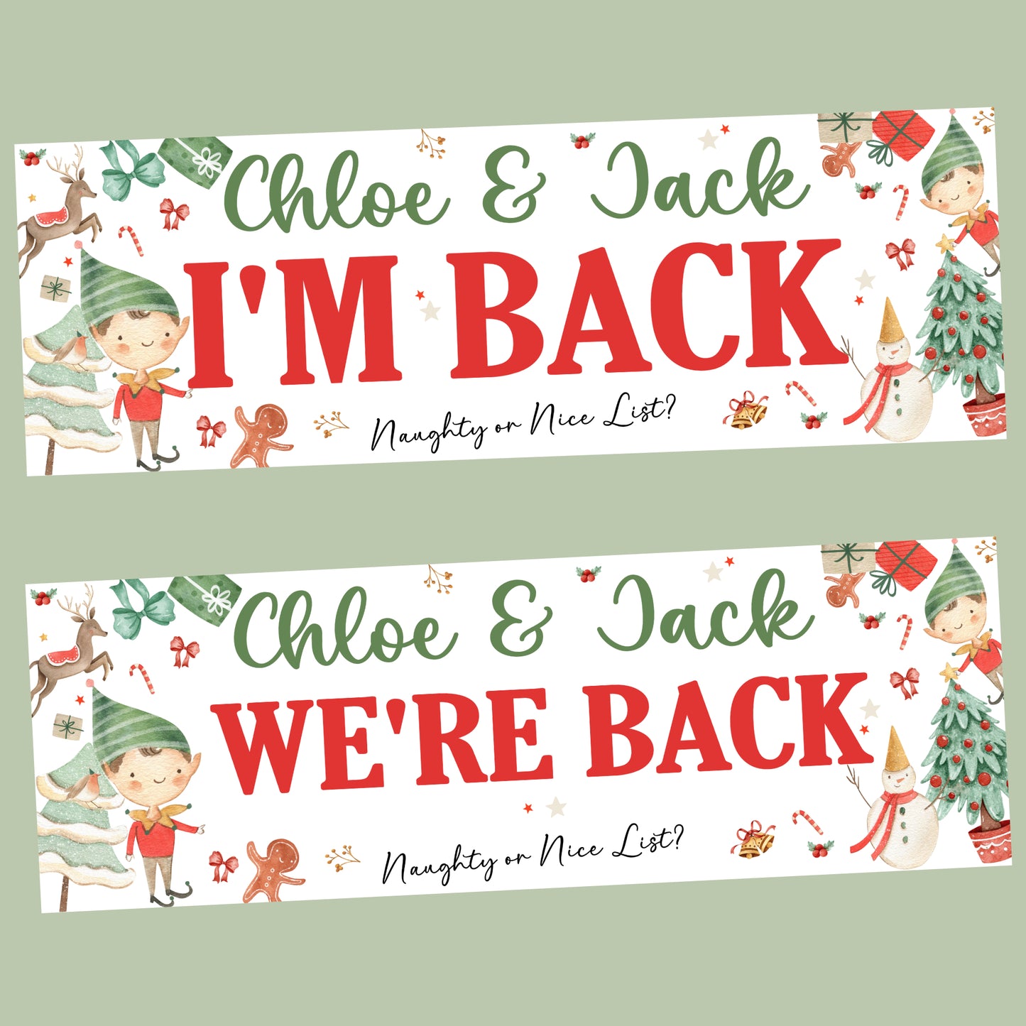 Personalised Christmas Elf ‘I’m Back / We’re Back’ Poster Banner – Custom Elf Return Prop Decoration