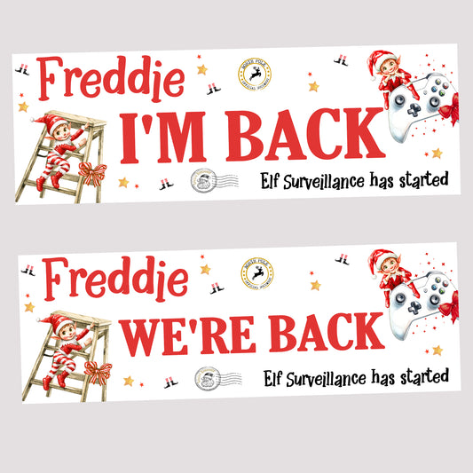 Personalised Christmas Elf ‘I’m Back / We’re Back’ Poster Banner – Custom Elf Return Prop Decoration