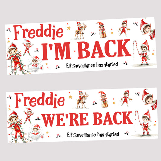 Personalised Christmas Elf ‘I’m Back / We’re Back’ Poster Banner – Custom Elf Return Prop Decoration