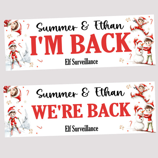 Personalised Christmas Elf ‘I’m Back / We’re Back’ Poster Banner – Custom Elf Return Prop Decoration