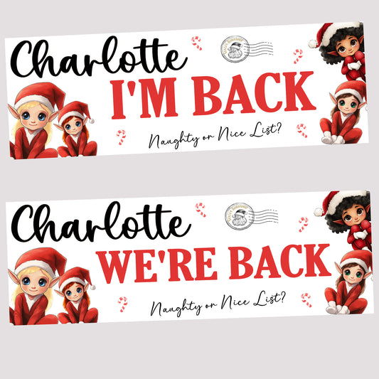 Personalised Christmas Elf ‘I’m Back / We’re Back’ Poster Banner – Custom Elf Return Prop Decoration
