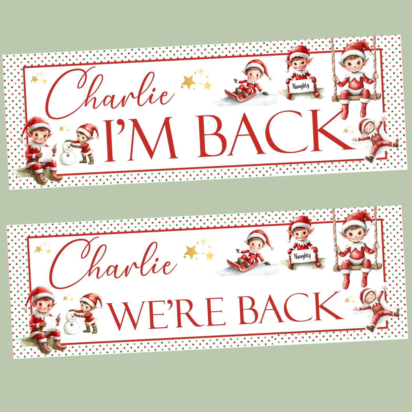 Personalised Christmas Elf ‘I’m Back / We’re Back’ Poster Banner – Custom Elf Return Prop Decoration