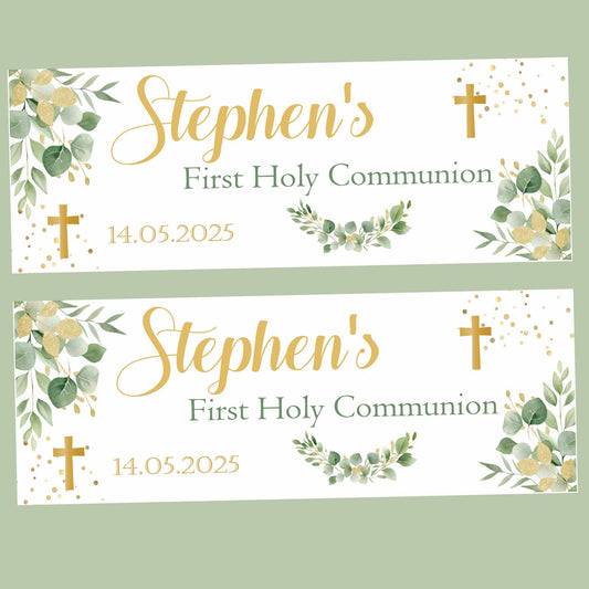 First Holy Communion Party Banner Gold Green Floral