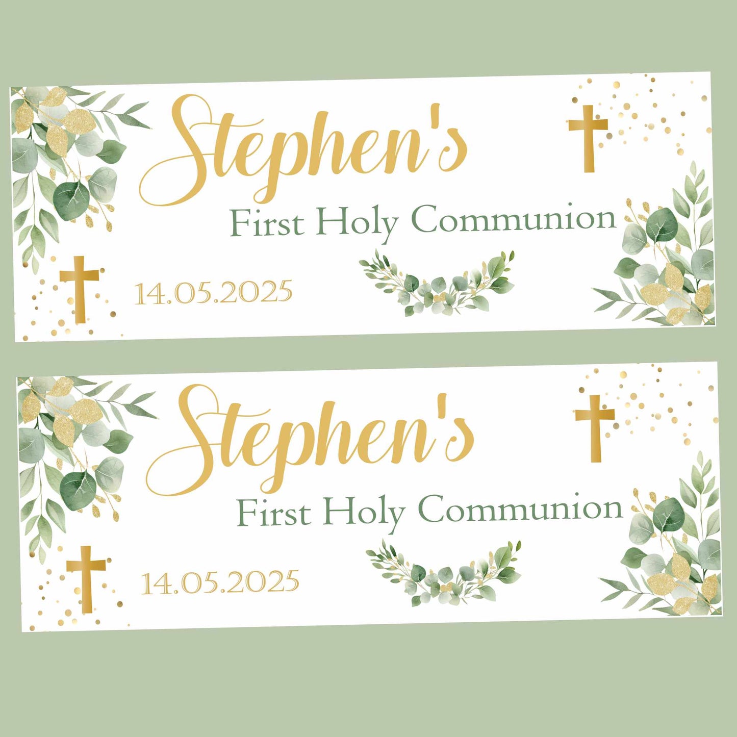 First Holy Communion Party Banner Gold Green Floral