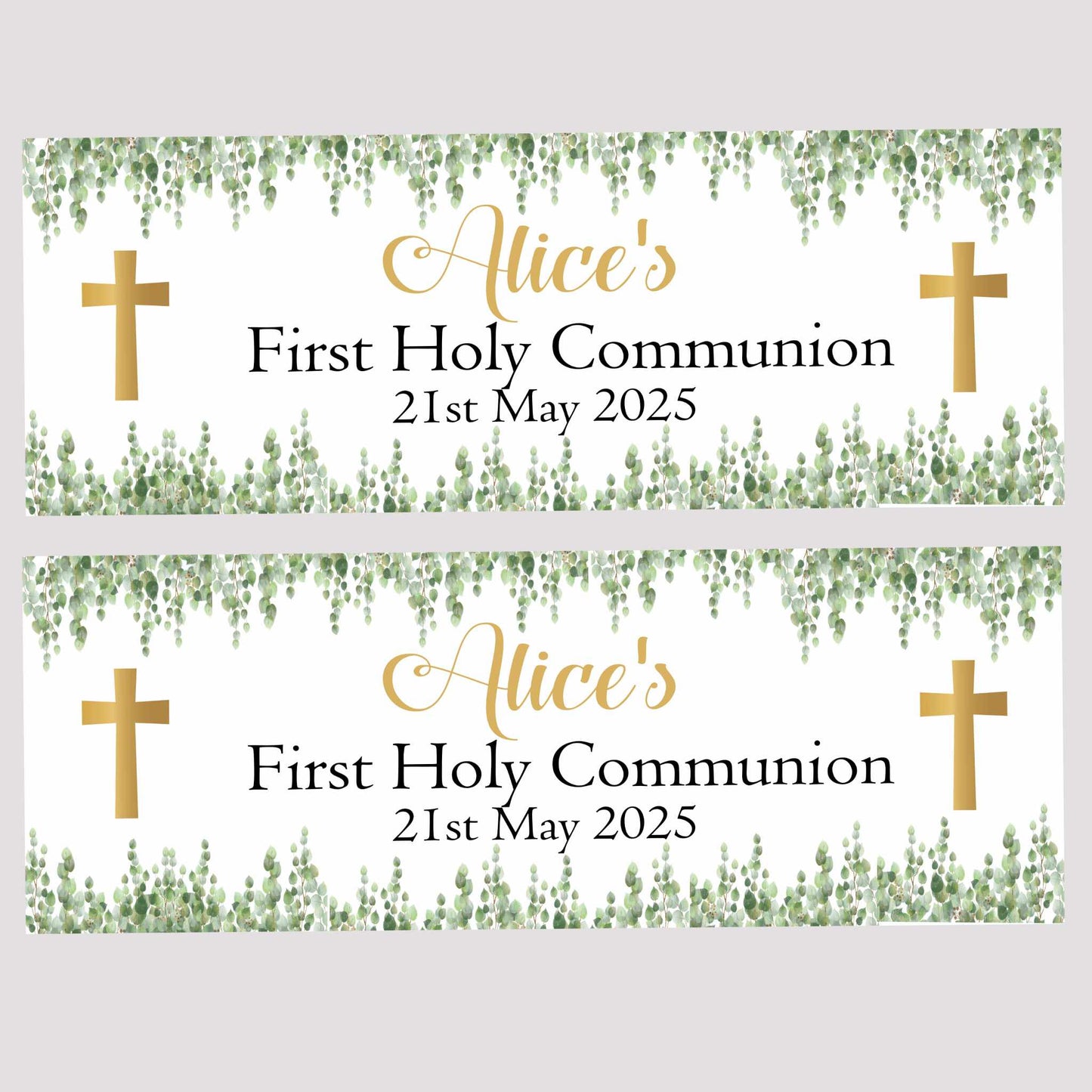 First Holy Communion Party Banner Gold Cross Green Floral