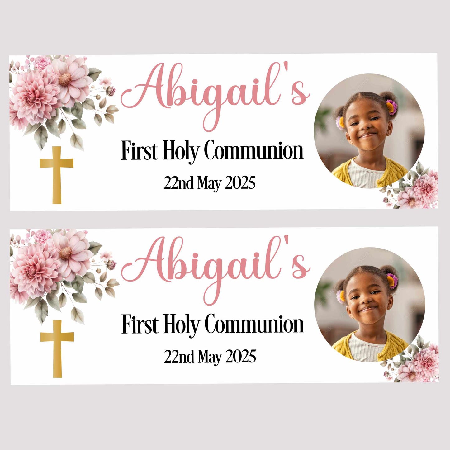 First Holy Communion Party Banner Gold Cross Pink Floral