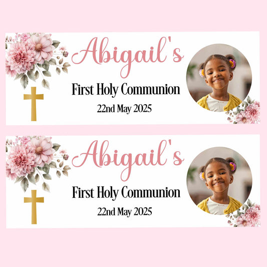 First Holy Communion Party Banner Gold Cross Pink Floral
