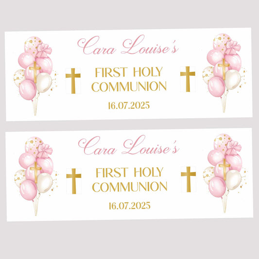 Pink & Gold Balloons First Holy Communion Party Banner