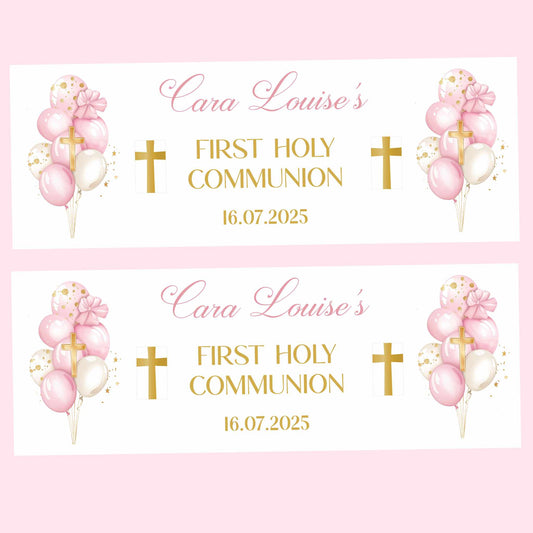 Pink & Gold Balloons First Holy Communion Party Banner
