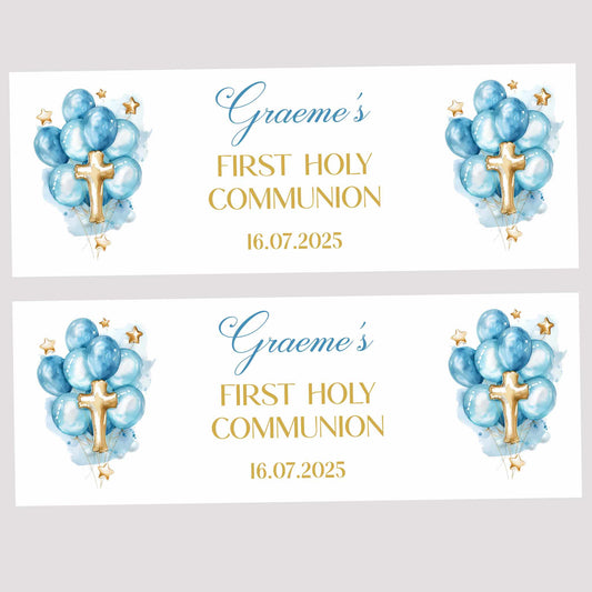 Blue & Gold Balloons First Holy Communion Party Banner