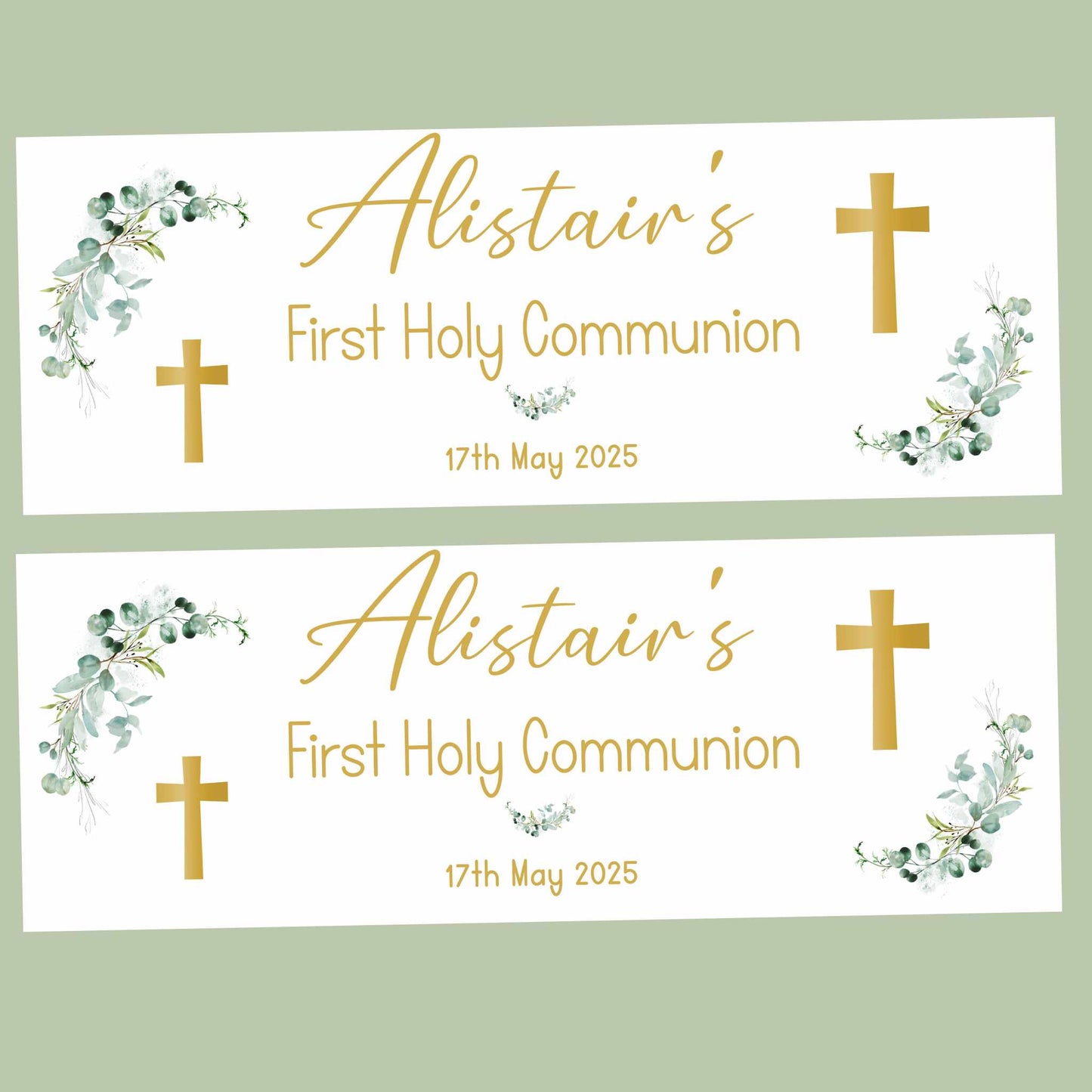 Gold Green Floral Cross First Holy Communion Party Banner