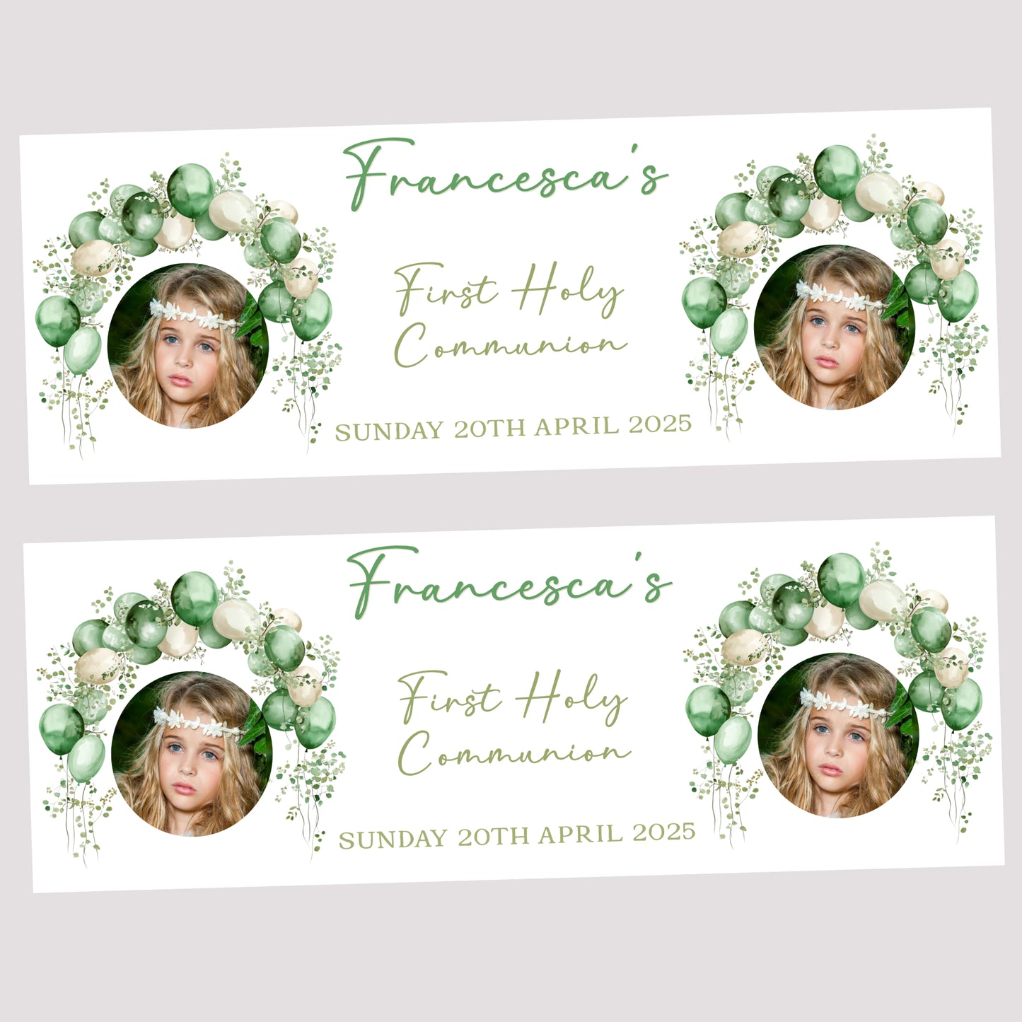 First Holy Communion Party Banner Green Balloon Arch Design