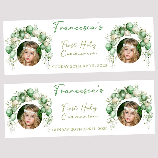 First Holy Communion Party Banner Green Balloon Arch Design