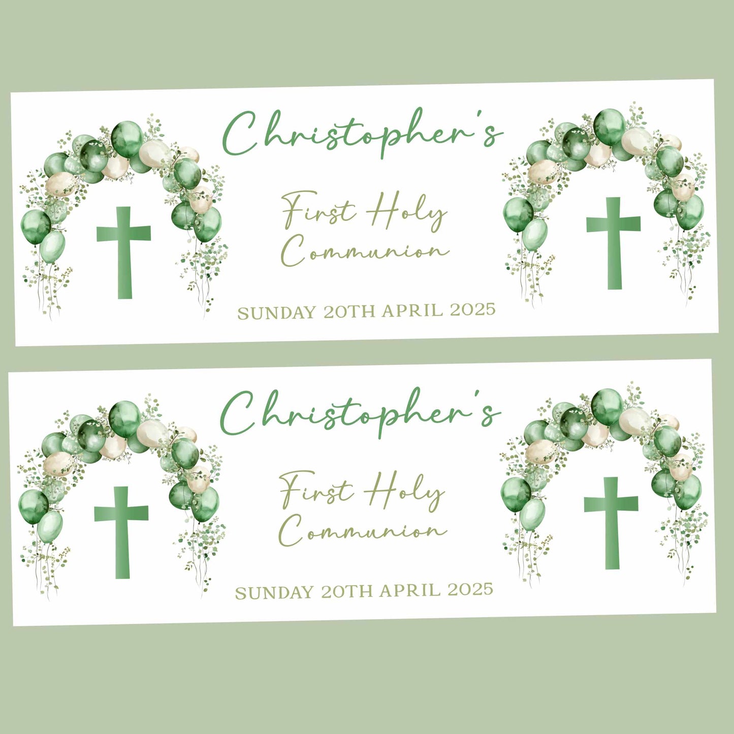 First Holy Communion Party Banner Green Balloon Arch Design