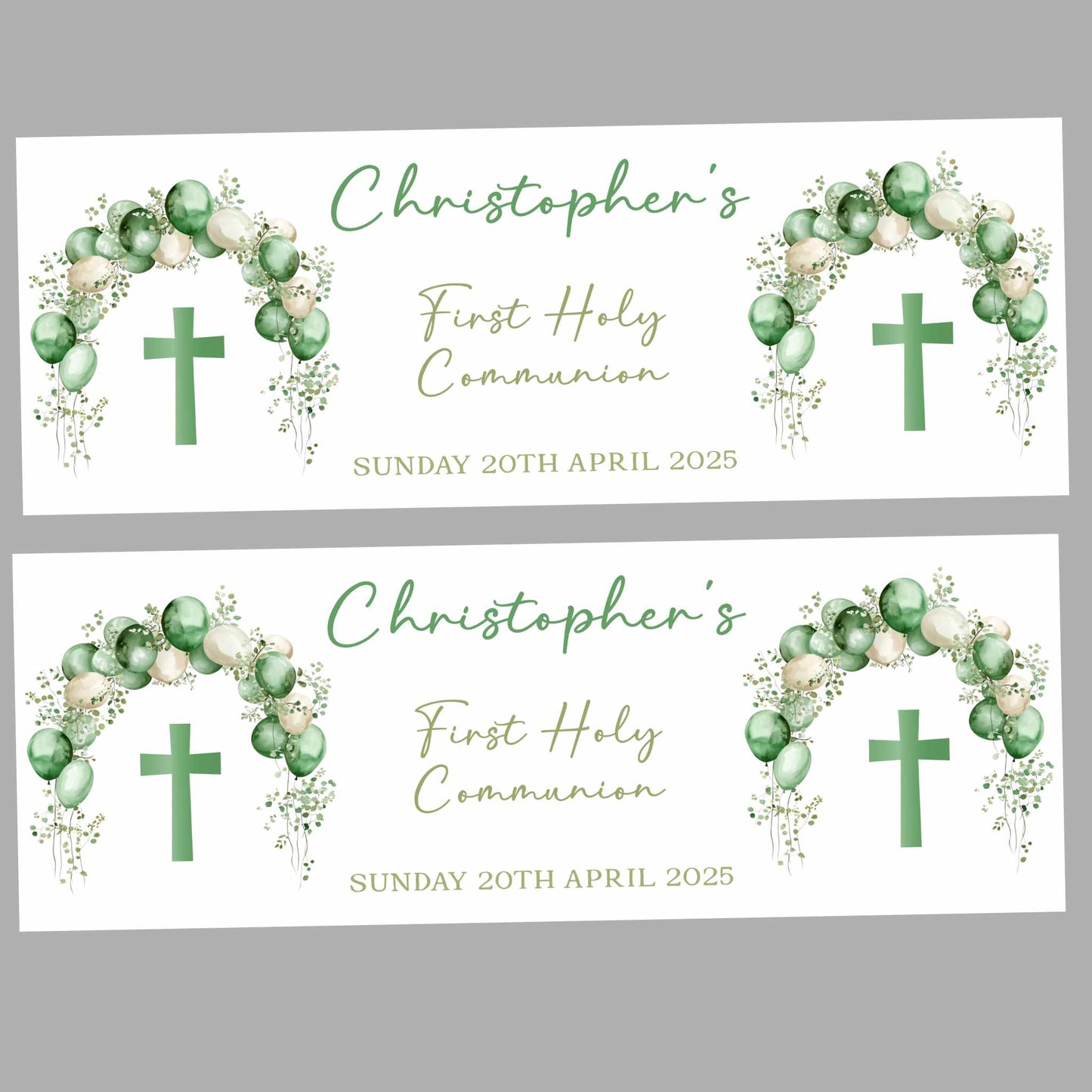 First Holy Communion Party Banner Green Balloon Arch Design