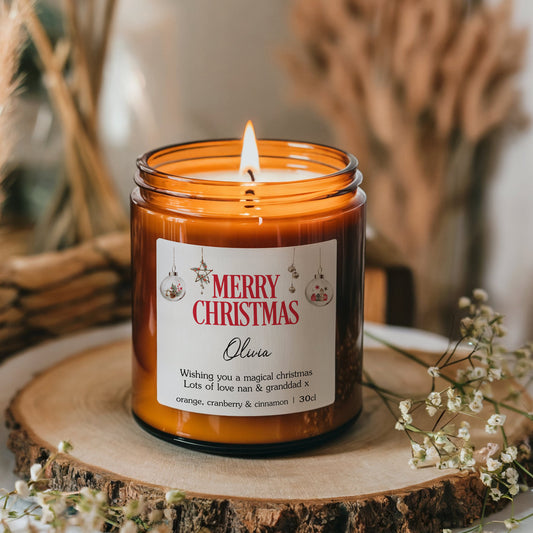 Christmas Holiday Scented Candle, Stocking Filler, Personalised with Name
