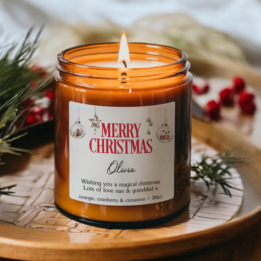 Christmas Holiday Scented Candle, Stocking Filler, Personalised with Name