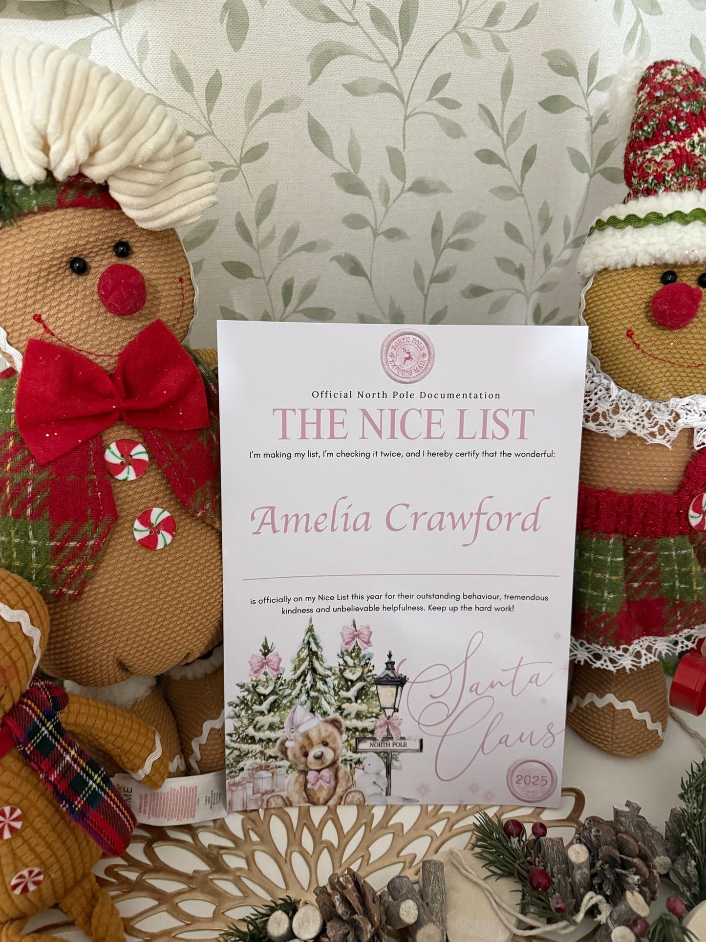 Personalised Santa Nice List Certificate Christmas Eve Box Filler Pink Express Train