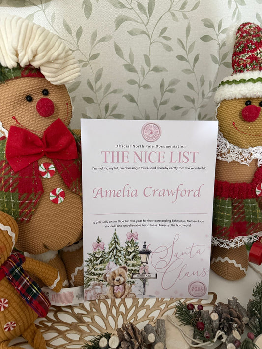 Personalised Santa Nice List Certificate Christmas Eve Box Filler Pink Express Train