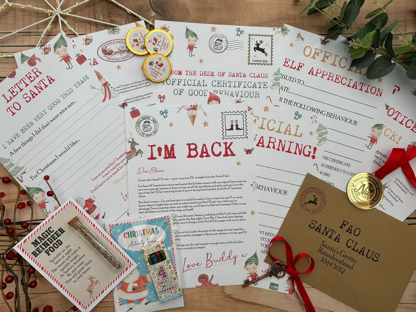 Personalised Elf I'm Back Arrival Pack, Nice List Certificate, Letter to & from Santa – Elf Design