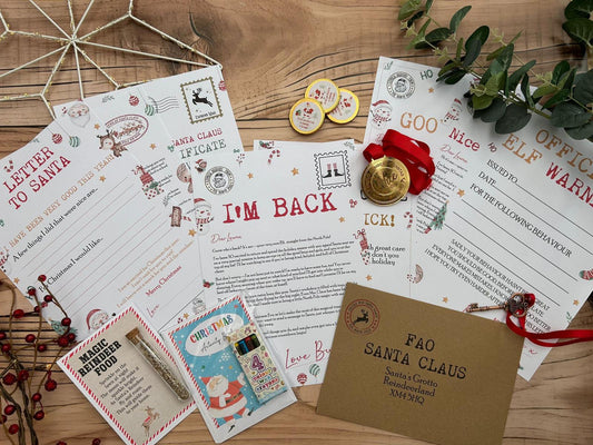 Personalised Elf I'm Back Arrival Pack, Nice List Certificate, Letter to & from Santa – Santa Snowman Reindeer Design