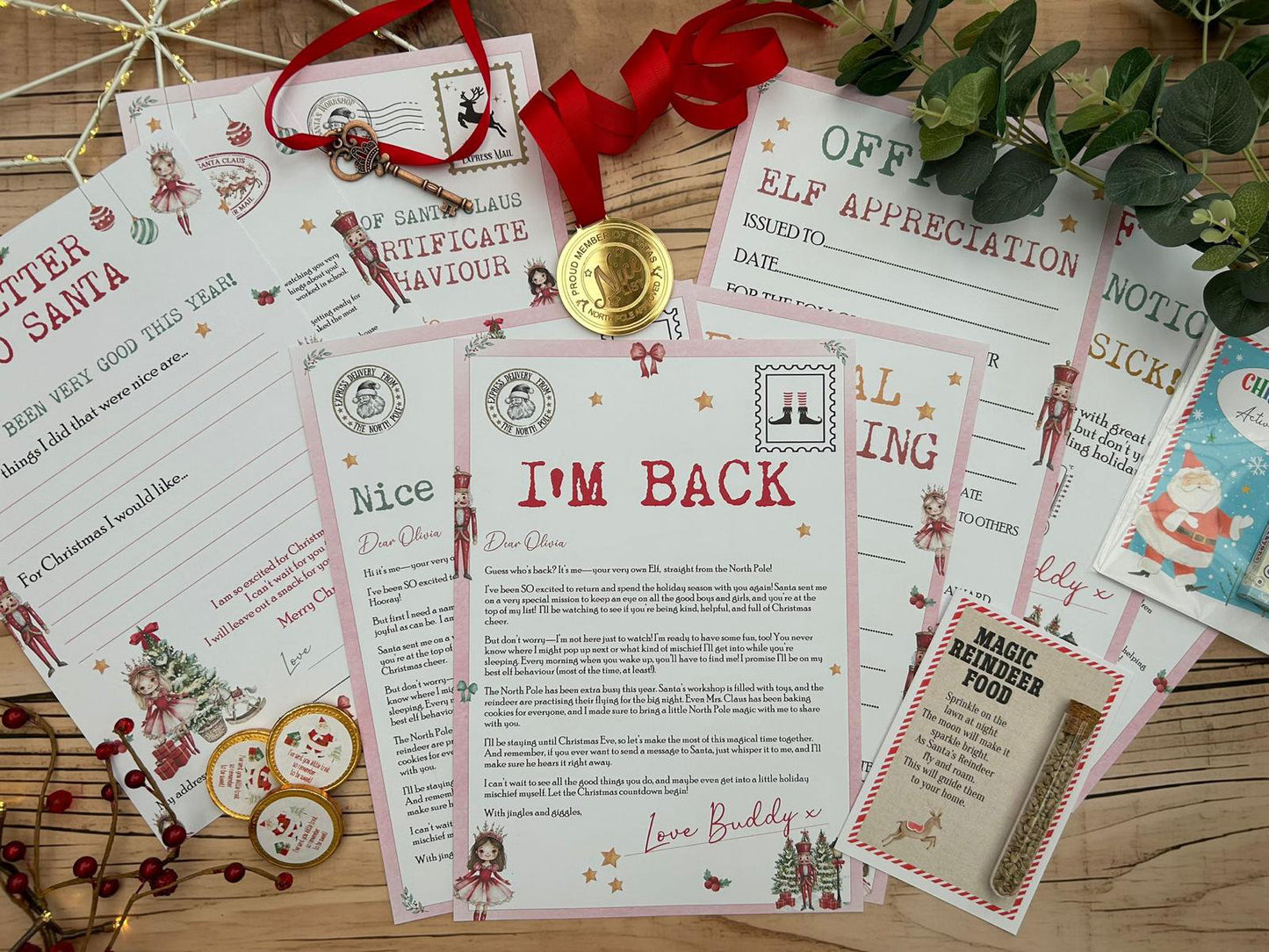 Personalised Elf I'm Back Arrival Pack, Nice List Certificate, Letter to & from Santa – Fairy Nutcracker Design