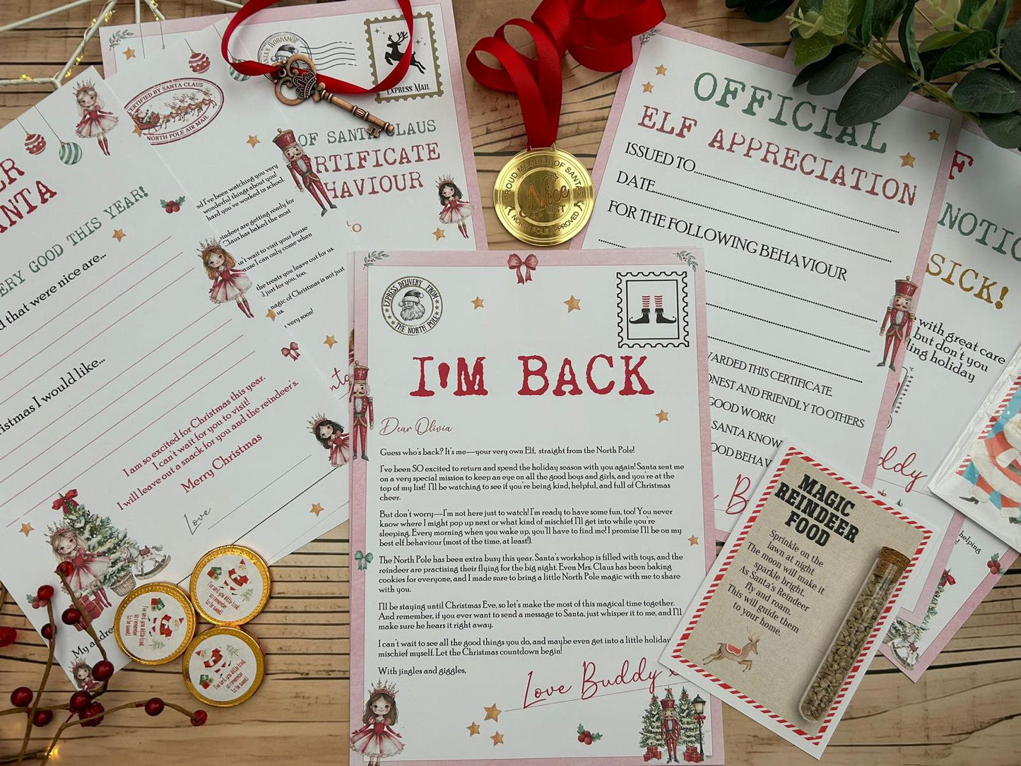 Personalised Elf I'm Back Arrival Pack, Nice List Certificate, Letter to & from Santa – Fairy Nutcracker Design