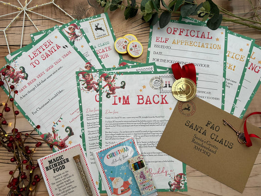 Personalised Elf I'm Back Arrival Pack, Nice List Certificate, Letter to & from Santa - Swinging Elves