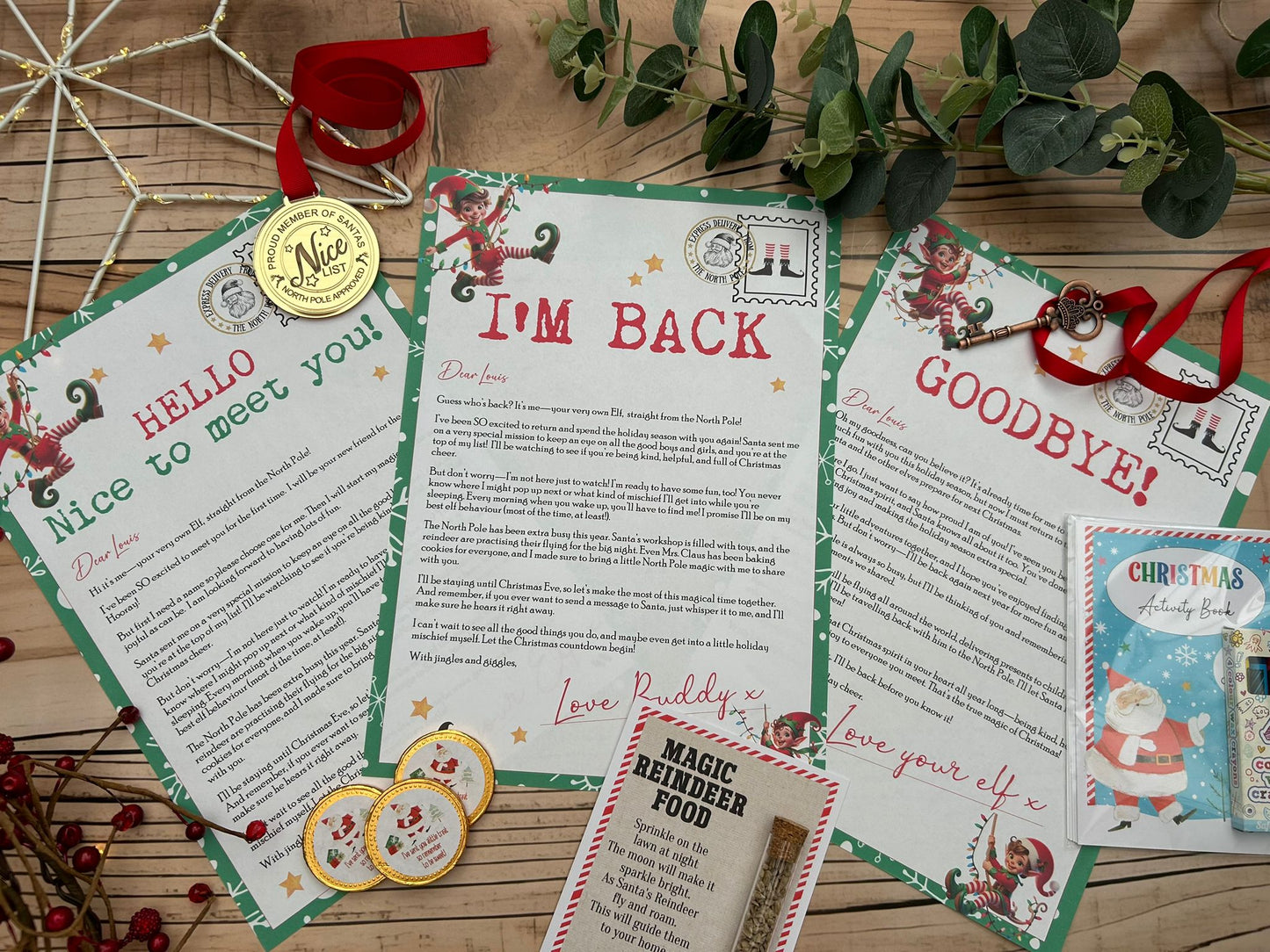 Personalised Elf I'm Back Arrival Pack, Nice List Certificate, Letter to & from Santa - Swinging Elves