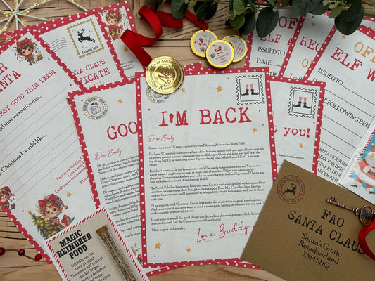 Personalised Elf I'm Back Arrival Pack, Nice List Certificate, Letter to & from Santa - Red Elves