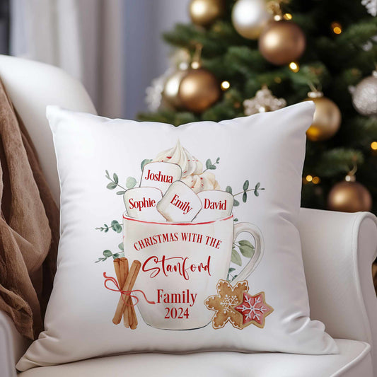 Personalised Christmas Cushion – Cozy Hot Chocolate & Marshmallow Mug Design