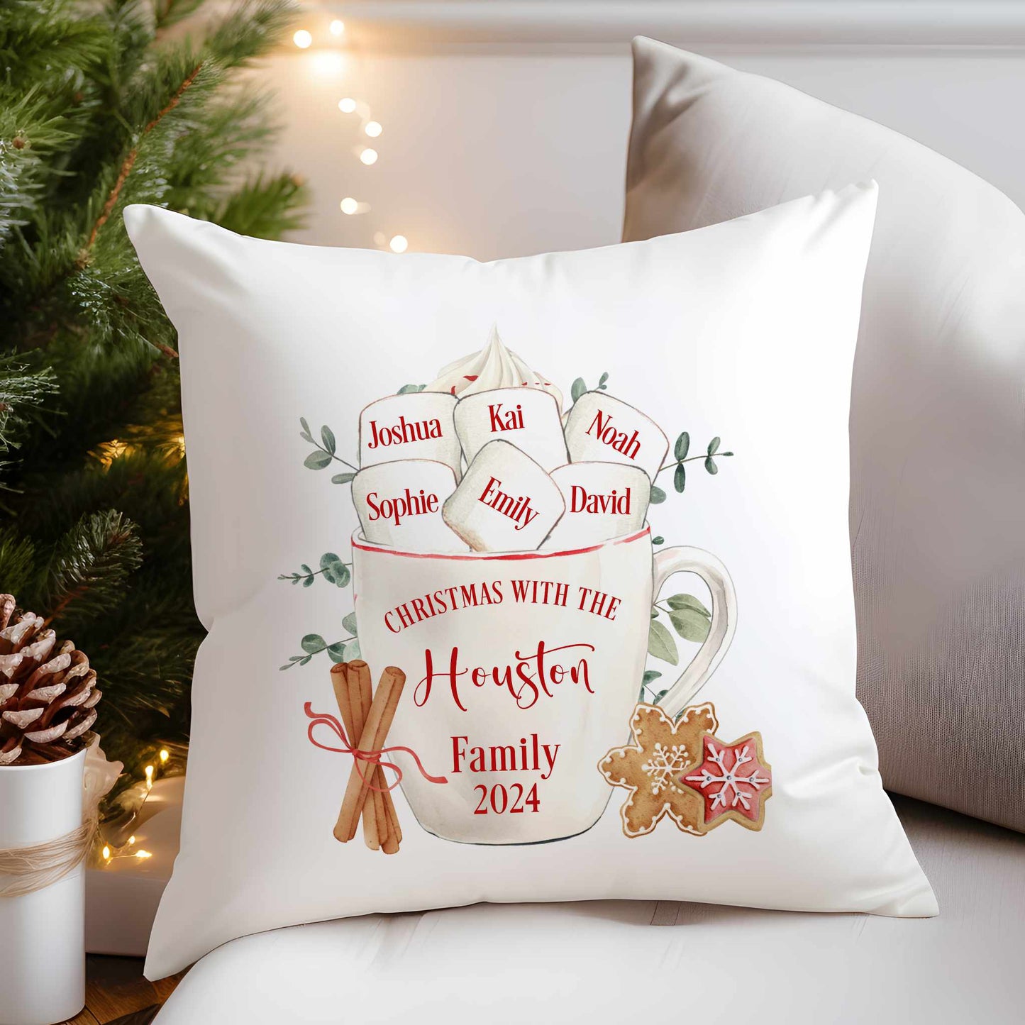 Personalised Christmas Cushion – Cozy Hot Chocolate & Marshmallow Mug Design