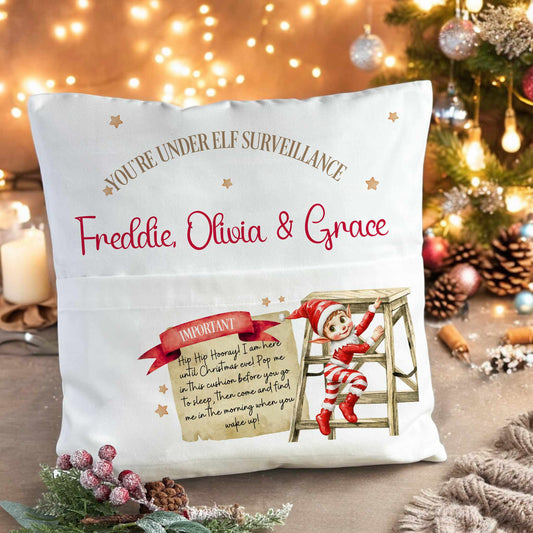 Personalised Christmas Elf Pocket Cushion, Pillow For Elf Arrival,Elf Surveillance