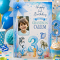 A personalized 3rd birthday card for 'Grandson Callum' with an underwater theme, styled on a party table with balloons, a cup, a cupcake, and confetti. The card features a blue ribbon bow, a photo of the grandson, and illustrations of dolphins, a seahorse, and a turtle.