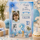 A personalized underwater-themed 3rd birthday photo card for 'Grandson Callum' is displayed on a decorated birthday table alongside a cupcake, gift box, and balloons.