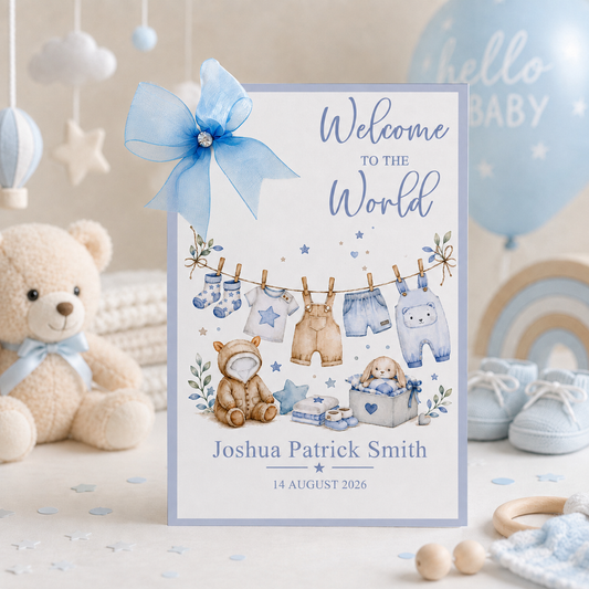 A personalised white new baby boy greeting card displayed upright in a soft blue and neutral nursery setting. The card features elegant “Welcome to the World” lettering above an illustrated clothesline decorated with baby socks, a star-print top, beige dungarees, blue shorts and a cute blue baby outfit. Below are adorable baby accessories including a cosy teddy bear outfit, folded baby clothes, tiny shoes and a cuddly bunny in a gift box, surrounded by blue stars and delicate foliage.