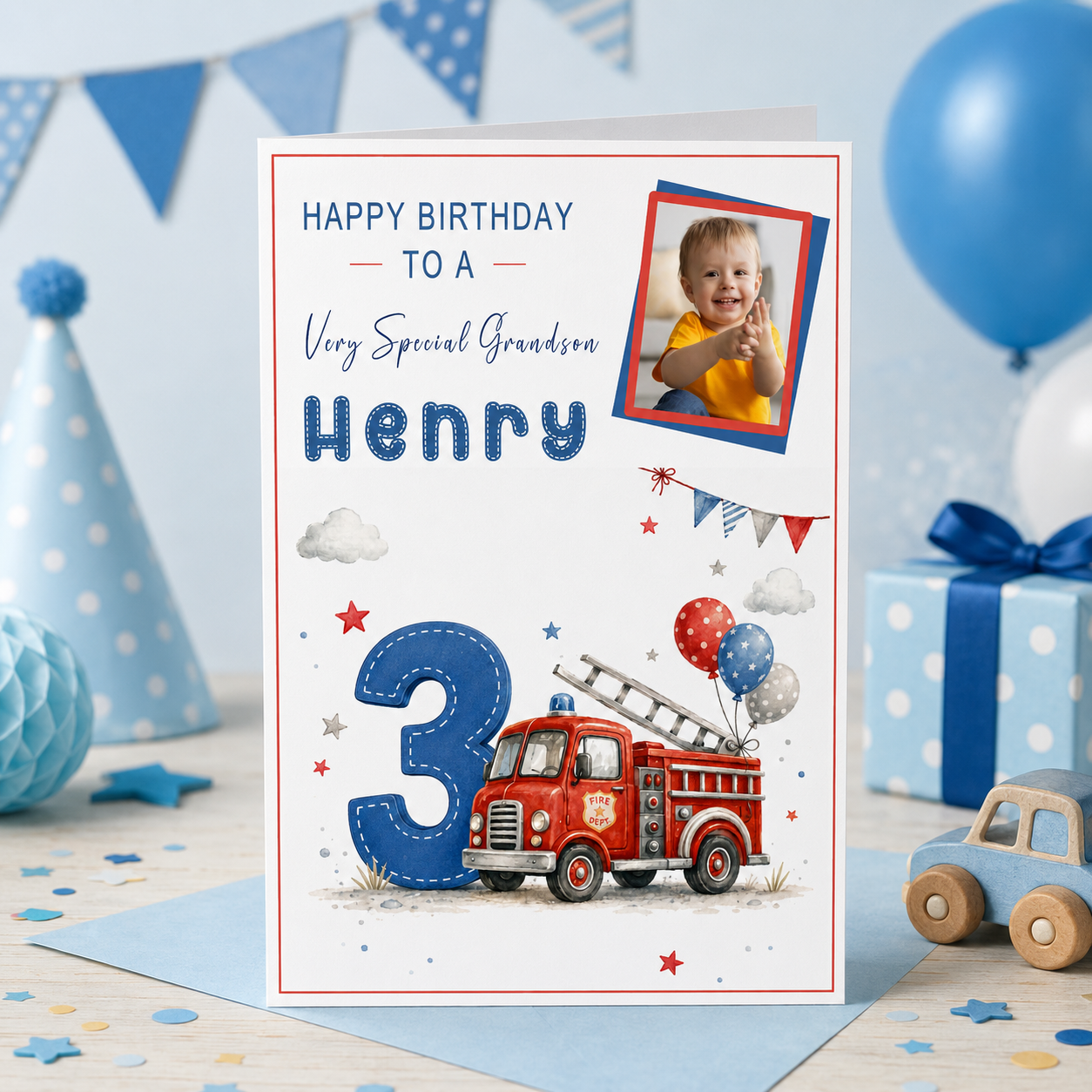 Large A4 Luxury Personalised Photo Birthday Card – Fire Engine