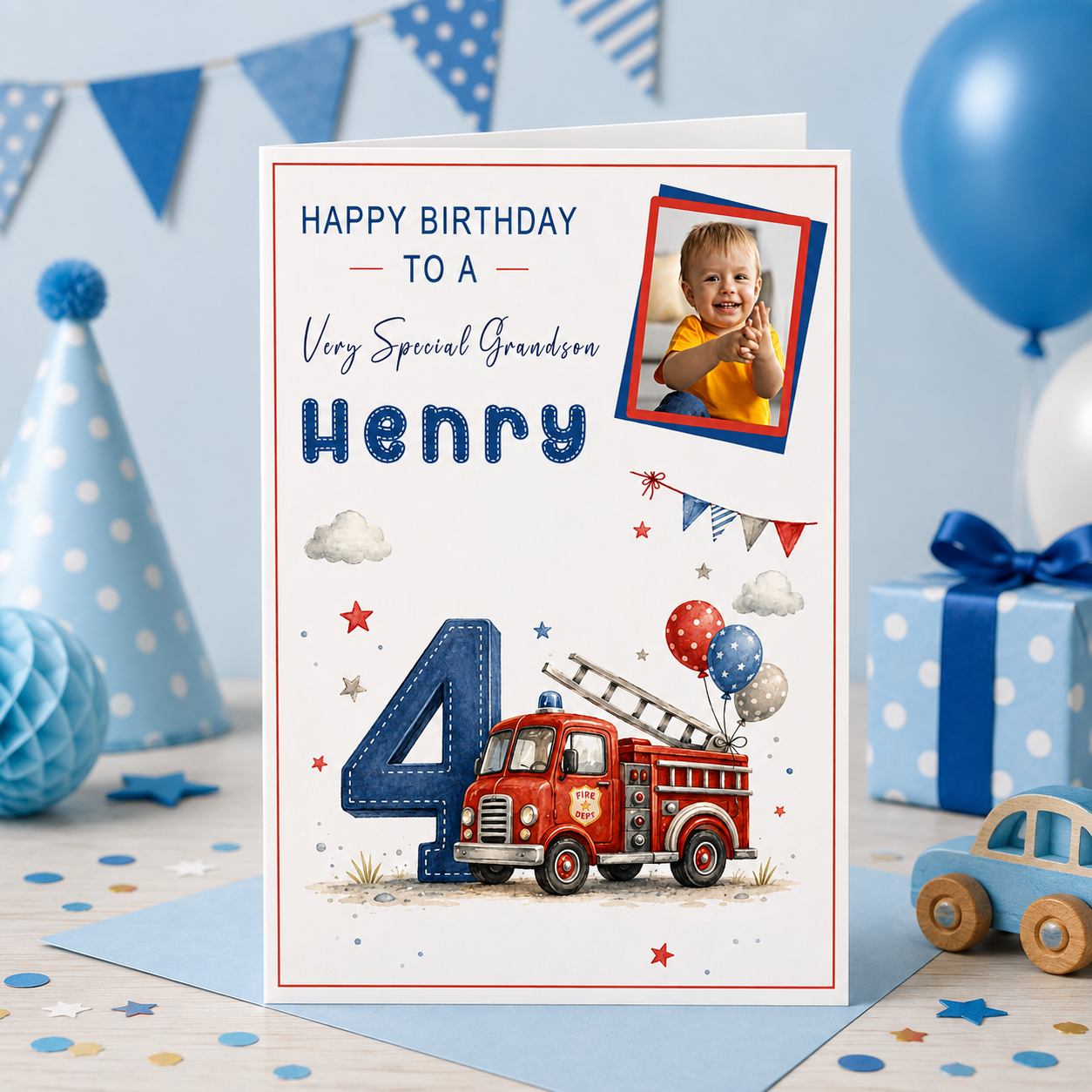 Large A4 Luxury Personalised Photo Birthday Card – Fire Engine