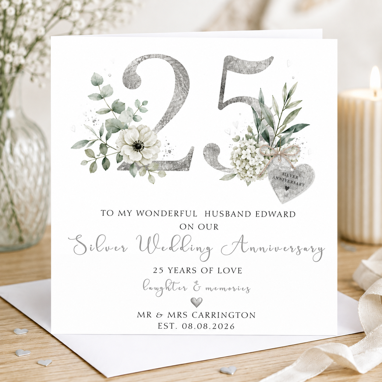 Personalised 25th Silver Wedding Anniversary card with elegant silver 25 design, flowers, foliage and personalised names