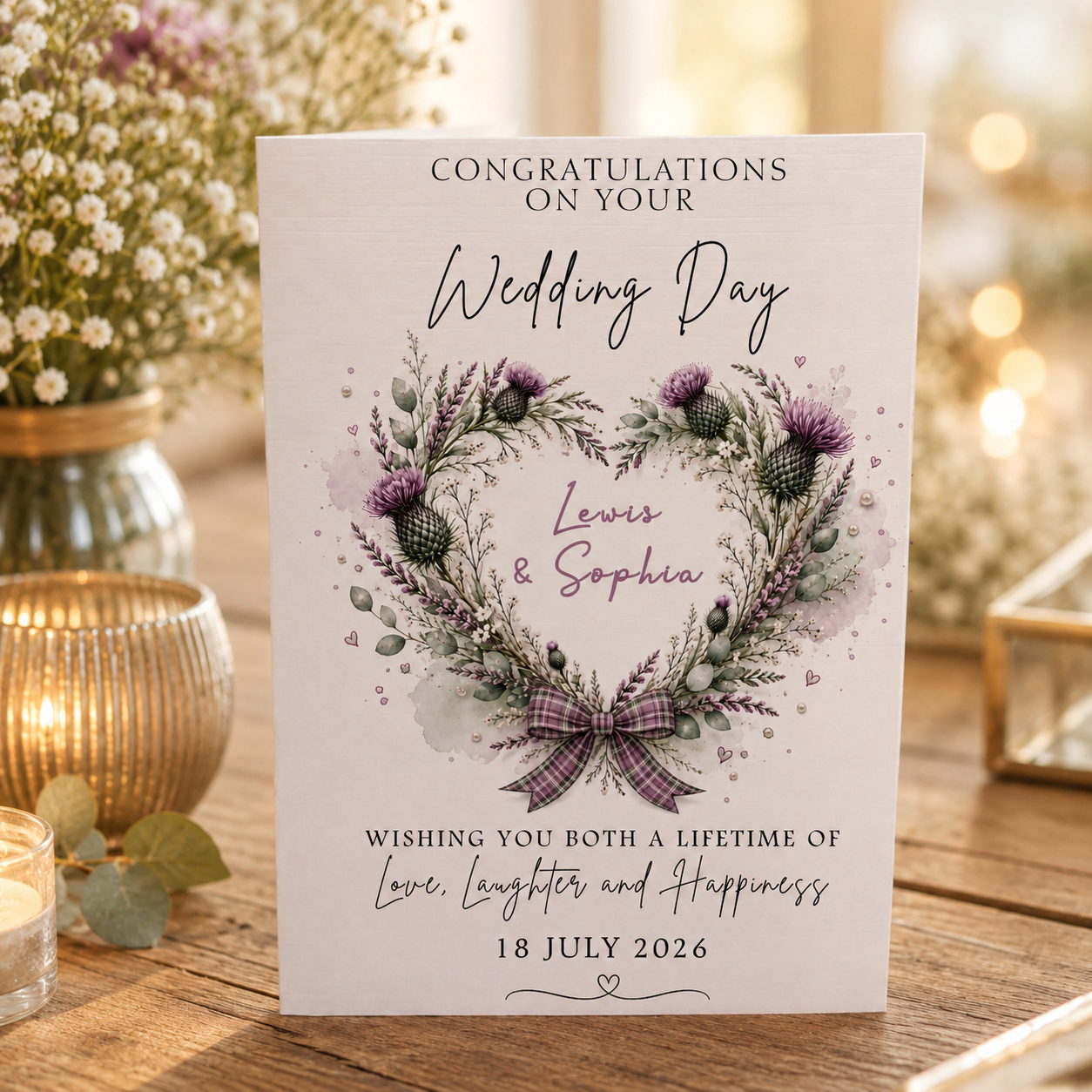 Large A4 Personalised Wedding Card – Scottish Thistle Heart Design