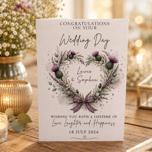 Large A4 Personalised Wedding Card – Scottish Thistle Heart Design