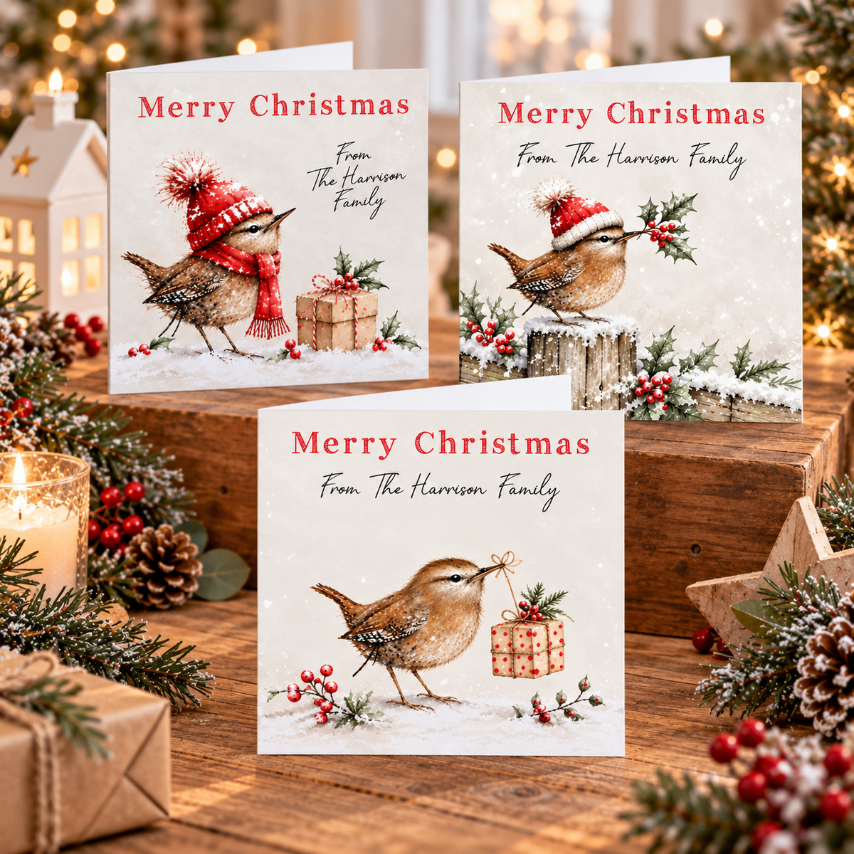 Personalised Christmas Card Pack – Robin Christmas Cards – Set of 3 Watercolour Designs