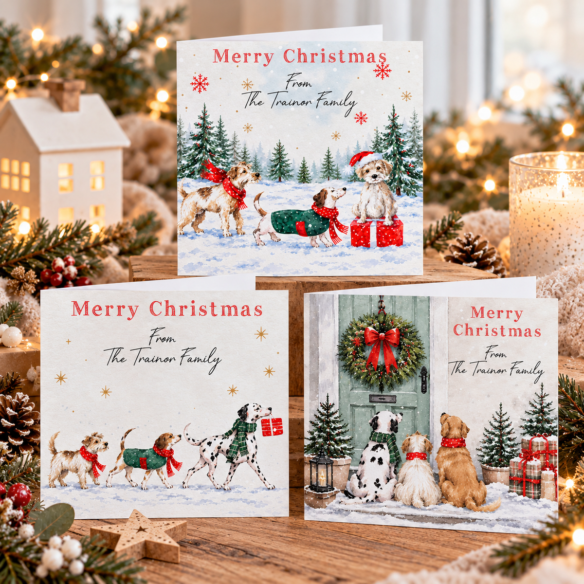 Personalised Christmas card collection featuring festive dogs, snowy Christmas scenes, Christmas trees and personalised family name, change to your own wording, family christmas card pack, 