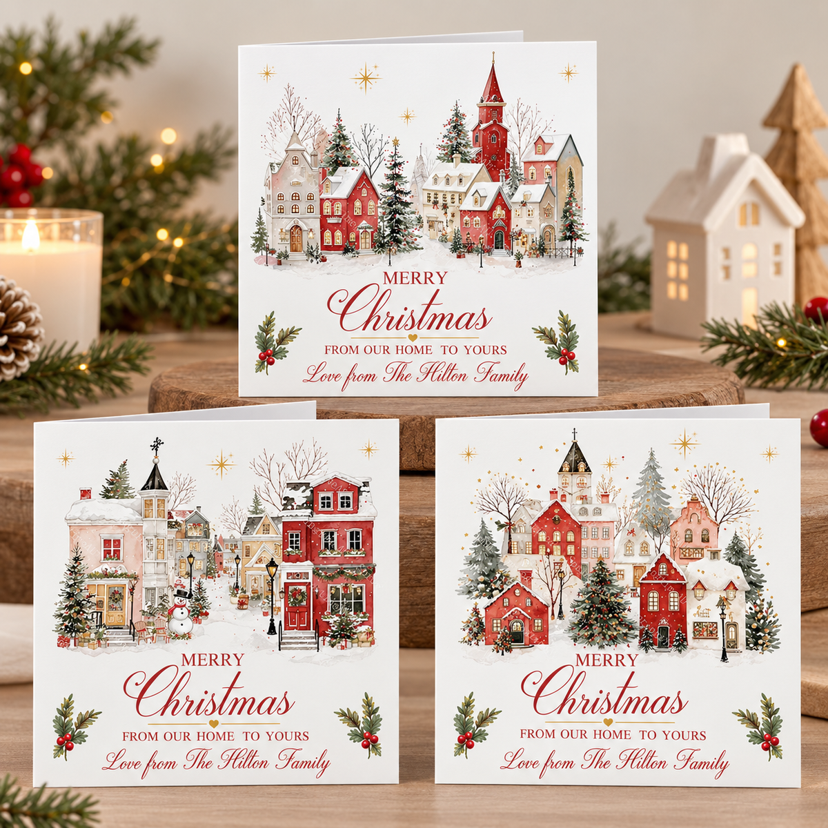 Personalised Christmas card featuring a snowy winter village scene, Christmas trees and red festive houses with Merry Christmas from our home to yours message
