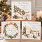 Personalised luxury Christmas cards featuring gold bows, festive greenery, pinecones, snowflakes and Christmas decorations with a family name